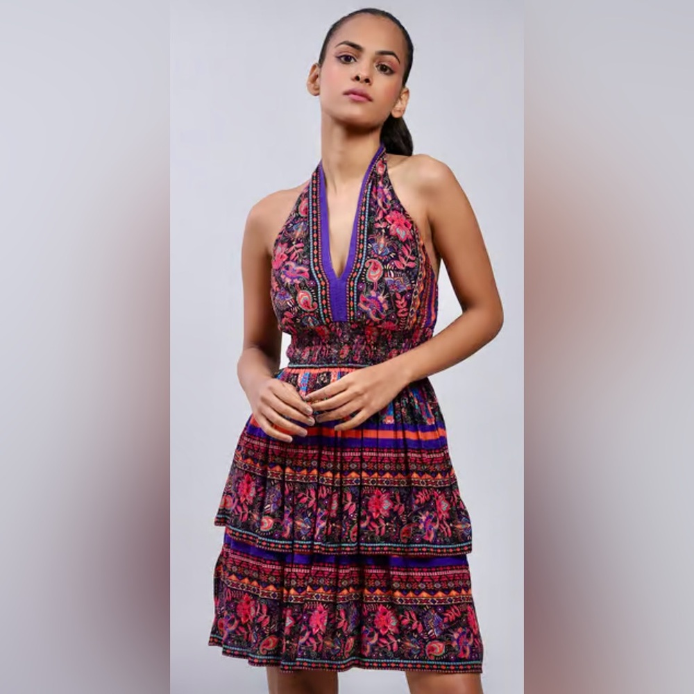 Label RituKumar Vibrant Floral & Paisley Halter Neck Open Back Tiered Mini Dress